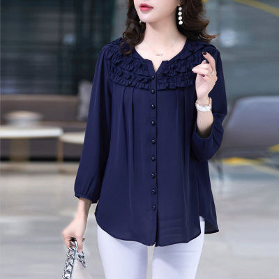 Chic solid Chiffon shirt Women Fashion Nine Quarter sleeve O-neck Korean blue blouse ladies 2021 new spring big size Mom tops