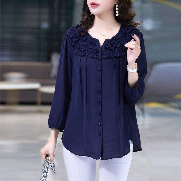 chic-solid-chiffon-shirt-women-fashion-nine-quarter-sleeve-o-neck-korean-blue-blouse-ladies-2021-new-spring-big-size-mom-tops