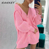 NANKEY 2021ฤดูใบไม้ร่วงใหม่พื้นฐานลำลองหลวมคอวีปุ่มแข็งผู้หญิง Cardigans แฟชั่น O Versize ยาว Sweety ถักเสื้อกันหนาวท็อปส์