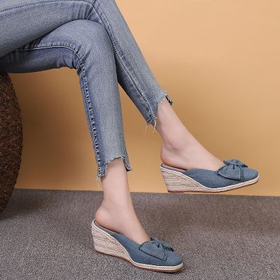 Spring model with square head high thick wedge bottom with baotou bowknot straw rope drag shoes bottom