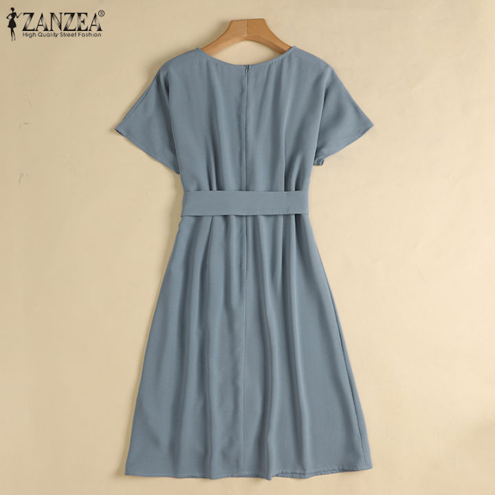 สินค้ามาใหม่-จัดส่งฟรี-fancystyle-zanzea-ชุดเดรสสไตล์เกาหลีของผู้หญิงลายดอกไม้ปะติดชุด-midi-ผ่าหน้า-ol-ทำงานซิปหลังชุดเดรสเรียบง่าย-11