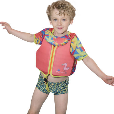 เสื้อชูชีพว่ายน้ำเด็กฟลามิงโกพร้อมแขนป้องกันแสงแดด, สายรัดนิรภัยปรับได้, 2-6 ปี