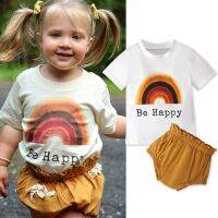 [COD] and children European summer rainbow letter round neck short-sleeved top brown short two-piece childrens ins