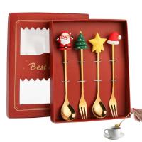 Creative Christmas Fork Spoon Set 4 Pcs Cute Stainless Steel Spoon Fork With Gift Box Coffee Spoon Dessert Spoon Fruit Fork Gift