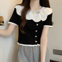 Knitted Shirt Women Short Sleeve Black Blouse Korean Style Fashion Slim Cropped Top New