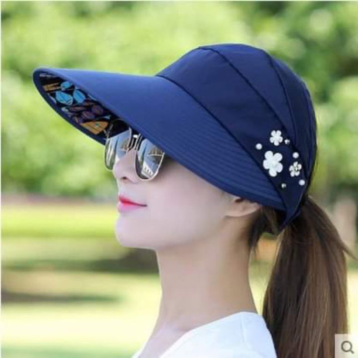 jz-fasionsหมวกครึ่งหัวเปิดศรีษะ-หมวกกันแดดกันยูวี-หมวกปีกหน้ากว้างแดดเข้าไม่ถึง-หมวกมีลายปักดอกไม้สวยงามมีสายรัดคางกันลม-หมวกผ้าร่ม