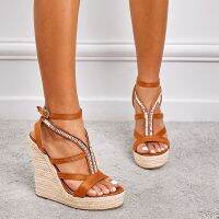 HOT★ฤดูร้อนรองเท้าเสริมส้น2022แฟชั่นผู้หญิงสายคล้องคอรองเท้าแตะผูก Wedges รองเท้าผู้หญิง Peep Toe Espadrille