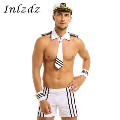 Mens Lingerie Navy Police Uniform Sexy Cosplay Costume Erotic Shorts With Cap Collar Tie Cuffs Outfits Role Play Games Clothing