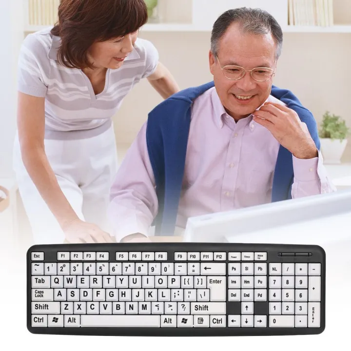 USB Wired Keyboard for Low Vision Users with Large White Keys Black