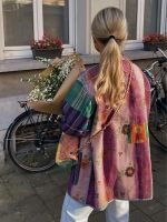 ✿☄ Womens Loose Colorful Patchwork Printed Coat Contrast Sleeve Jacket 2023 New Female Warm Streetwear