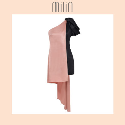 [MILIN] Sleeveless draped bow one shoulder dress เดรสแขนกุด แต่งโบว์ไหล่ ไหล่เดียว Lulu Dress สีชมพู-ดำ/ Pink-Black