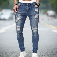 ผู้ชายยืด Ripped Skinny Biker เย็บปักถักร้อยการ์ตูนพิมพ์กางเกงยีนส์ทำลาย Slim Fit Denim คุณภาพสูง Hip Hop กางเกงยีนส์สีดำ