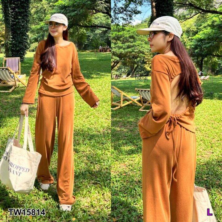 Garden Clothes ชุดเซ็ท SET เสื้อแขนยาวเปิดหลัง+กางเกงขายาว สีน้ำตาล
