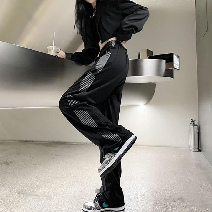 กางเกงวอร์มทรงแบ็กกี้ทรงแบ็กกี้-mode-korea-ผู้หญิงสเวตเตอร์สไตล์ฮิปฮอปสีดำกางเกงขาม้าสไตล์ฮาราจูกุกางเกงสตรีลำลอง