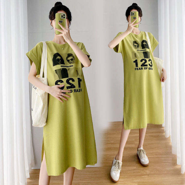 naza-trend-store-free-shipping-ชุดฤดูร้อนสำหรับคนท้องเสื้อแขนสั้นแฟชั่นฤดูร้อนผ่าข้างเหนือเข่าชุดหลวมเสื้อยืดฤดูร้อนกระโปรงยาว