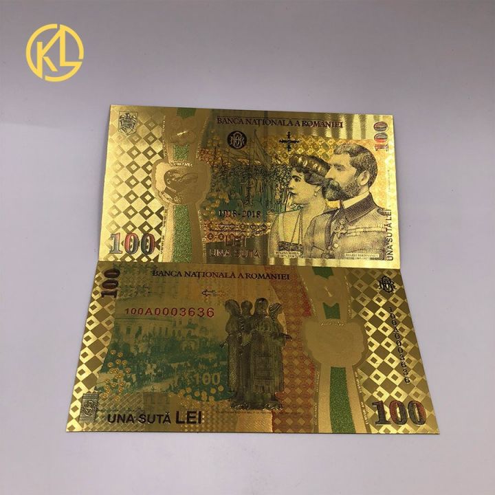 100-ใหม่-kl-ธนบัตรพลาสติกฟอยล์สีทองสี1ชิ้นธนบัตรโรมาเนียสกุลเงินที่ระลึก100-lei-สำหรับ100th-ครบรอบการรวมกันของโรมาเนีย