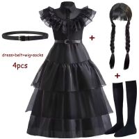 ZZOOI Baby Dress For Girls Black Wednesday Addams Cosplay Costume Kid Girl Birthday Carnival Kids Princess Dresses+Belt Sets 3-12 Yrs