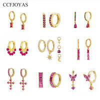 Ccfjoyas คุณภาพสูง925เงินสเตอร์ลิง Rose สีแดง zircon Hoop ต่างหูสำหรับผู้หญิง Minimalist Gold ต่างหู jewelr s