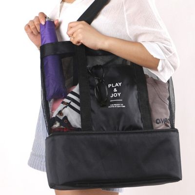 ஐ High Capacity Women Mesh Transparent Bag Double-layer Heat Preservation Large Picnic Beach Bags Tote Lunch Snacks Bag