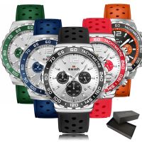 ZZOOI SWISH 24 Hour Sport Quartz Men Watch Silver Dial Chronograph Date Rubber Band Blue Green Orange Bezel Polish Steel Case Gift Box