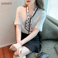 AMMIN เสื้อผู้หญิงแขนสั้นลายจุด Syal Sutra เสื้อชีฟองคอวี,ใหม่ฤดูร้อน