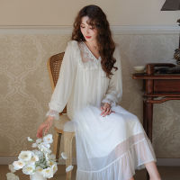 Ao Dai Court Wind Sleepwear ผู้หญิงฤดูร้อนลูกไม้ V-Neck ตาข่ายเส้นด้าย Modal ยาวชุดนอนผู้หญิง Fairy Wind Homewear