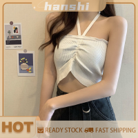 hanshi [2023 new HOT FASHION] lazlook Crop TOP ผู้หญิงฤดูร้อนสลิงเสื้อกั๊กถัก Halter เสื้อฐานสั้น drawstring Tops