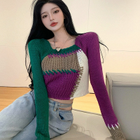 Kimotimo Design Cropped Sweater Women Korean Chic Color Contrast Square Collar Slim Pullover Autumn New Long Sleeve Knit Tops