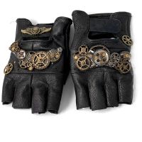 Retro Steampunk Gears Leather Fingerless Gloves Mens Biker Punk Gloves for Party Cosplay #G001