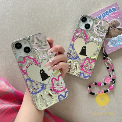 For เคสไอโฟน 14 Pro Max [Cat Heart Mirror with Chain Plating] เคส Phone Case For iPhone 14 Pro Max Plus 13 12 11 For เคสไอโฟน11 Ins Korean Style Retro Classic Couple Shockproof Protective TPU Cover Shell