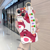 เคสสำหรับ Apple โทรศัพท์ iPhone 15 Plus 15 Pro Max พร้อมสายรัดข้อมือเคสขอบสี่เหลี่ยมนิ่มลายการ์ตูนน่ารักลายหมี Lotso ชุบเคสโทรศัพท์หรูหราชุบเคสโทรศัพท์นิ่ม