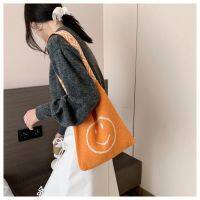 Japanese INS Style Winter Women Woolen Yarn Tote Shopping Bag Custom Logo Smile Face Beautiful Crochet Knitted Handbag