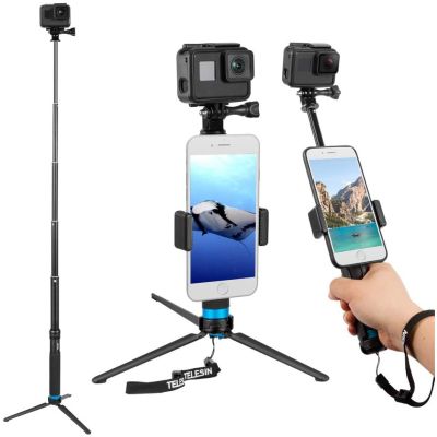 BEST SELLER!!! TELESIN Aluminum Selfie Stick for GoPro Hero ยาว 90 ซม. มาพร้อมกับชุดยึดมือถือ+ขาตั้ง3ขาอลูมิเนียม ##Camera Action Cam Accessories