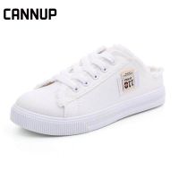 ♛□☃ ใหม่ CANNUP รองเท้าผ้าใบ เปิดส้น สไตล์เกาหลี สีขาว สำหรับผู้หญิง 100192