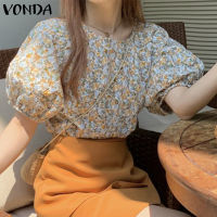 (จัดส่งฟรี)Fancystyle VONDA แฟชั่นสำหรับผู้หญิงเสื้อพิมพ์ลายช่องแขนพองสั้นคอกลม