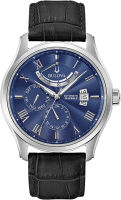 Bulova Mens Classic 6 Hand Power Reserve Leather Strap Watch Blue/ Black Strap Classic