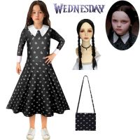 Kids Girls Wednesday Addams Family Dress Wig Cosplay Costume Girl Kid Halloween Xmas Party Long Sleeve Dress Gothic Girls Dress With Wig Bag