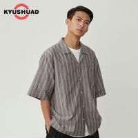 KYUSHUAD เสื้อลายทางแขนสั้นทรงหลวมลำลองสำหรับผู้ชายเสื้อลายทางแนวตั้งสำหรับคนขี้เกียจ