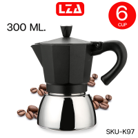 LZA MOKAPOT รุ่น K97สีดำ (ด้ามจับABSกันความร้อนได้ดี)หม้อต้มกาแฟสแตนเลส ดีไซด์ผิวเรียบสวย ขนาด 6 คัพ 300 ml.3คัพ150ml. คุณภาพเกรดเอ ครีมม่ามากกว่าเดิ