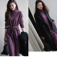 Spot parcel post Elegant Fashion High Collar Knitted Dress for Women 2022 Winter New Mid-Length Sweater Skirt with Tight Waist