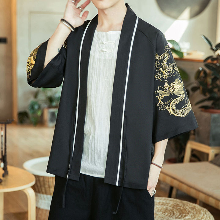 มังกรวินเทจโค้ทเสื้อคาร์ดิแกน-kimono-ฟินิกซ์ซัลแมน-jepun-samurai-pakaian-lelaki-yukata-haori-obi-ฤดูร้อนเสื้อชายหาด