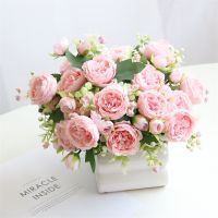 ♕ Artificial Flowers Rose 5 Big Head 4 Small Bud Bride Bouquet Pink Peony Wedding Home Decoration Living Room Decor Accessories