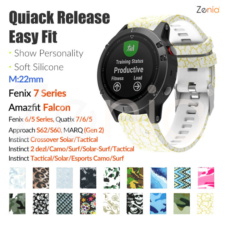 zenia-22มม-ปล่อยอย่างรวดเร็วง่ายพอดีพิมพ์สายนาฬิกาซิลิโคนสำหรับ-garmin-instinct-corossover-solar-tactical-esports-dezl-camo-surf-marq-golfer-captain-aviator-athlete-adventurer-gen-2-fenix-7-6-pro-5-qu