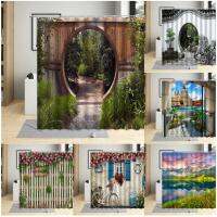 Chinese Style Shower Curtain Vintage Wood Board Garden Building Green Plant Bamboo Pattern Bathroom Decor Polyester Curtain Set