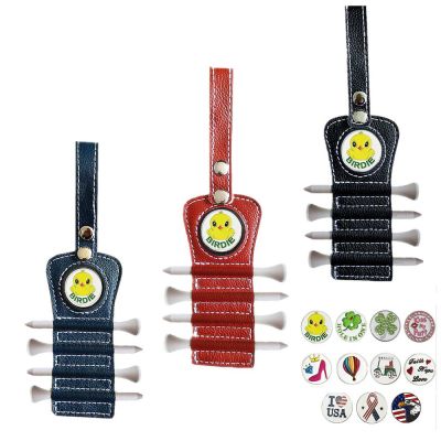 Leather Golf Tee Holder with 4 Pcs Wood Tee 1 Magnet Ball Marker Hook to Belt Bag Towels
