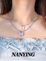 ℡⊙❒ NANYING colorful candy beaded butterfly necklace womens summer sweet collarbone chain dopamine accessories tide