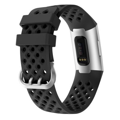 สำหรับ Fitbit Charge 3/4สายรัดข้อมือสายนาฬิกาข้อมือซิลิโคนรูปสี่เหลี่ยมกลวง (สีดำ)