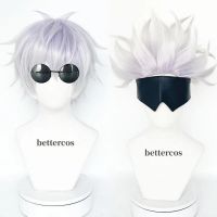 Anime Jujutsu Kaisen Gojo Satoru Cosplay Wig Silver Short Fluffy Layered Heat Resistant Synthetic Hair Wigs + Eyepatch + Glasses