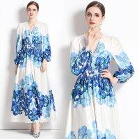 Womens Dress Real Shot Spot-Romantic Flower Printed V-neck Bubble Lantern Sleeve Dress