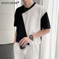 MAYCHEER   เสื้อยืดวาฟเฟิลคอกลมทรงโอเวอร์ไซส์สำหรับผู้ชายเสื้อแขนสั้นลายออกแบบบล็อคสี